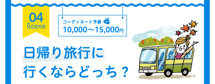 04 Scene コーディネート予算 10,000～15,000円 日帰り旅行に行くならどっち？