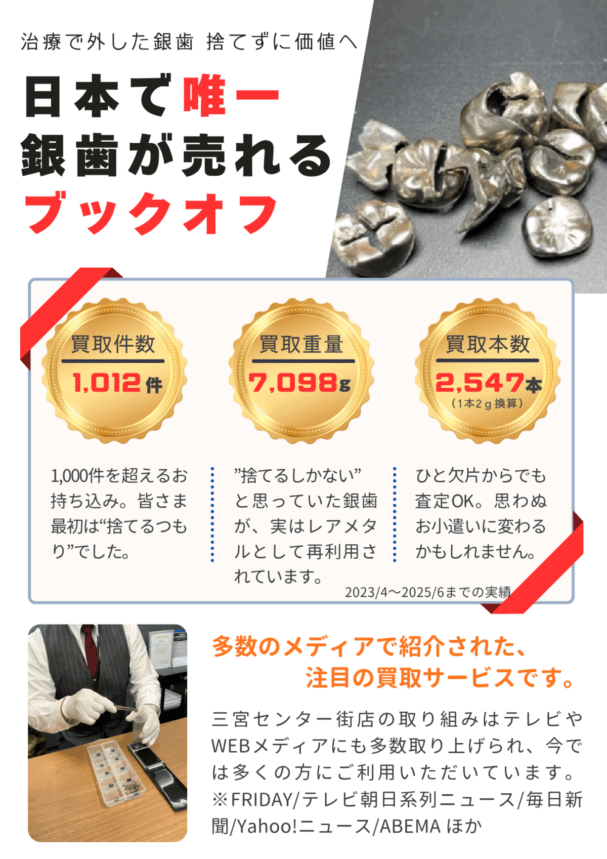 神戸三宮で銀歯・金歯が売れるブックオフ｜買取件数1,000件突破