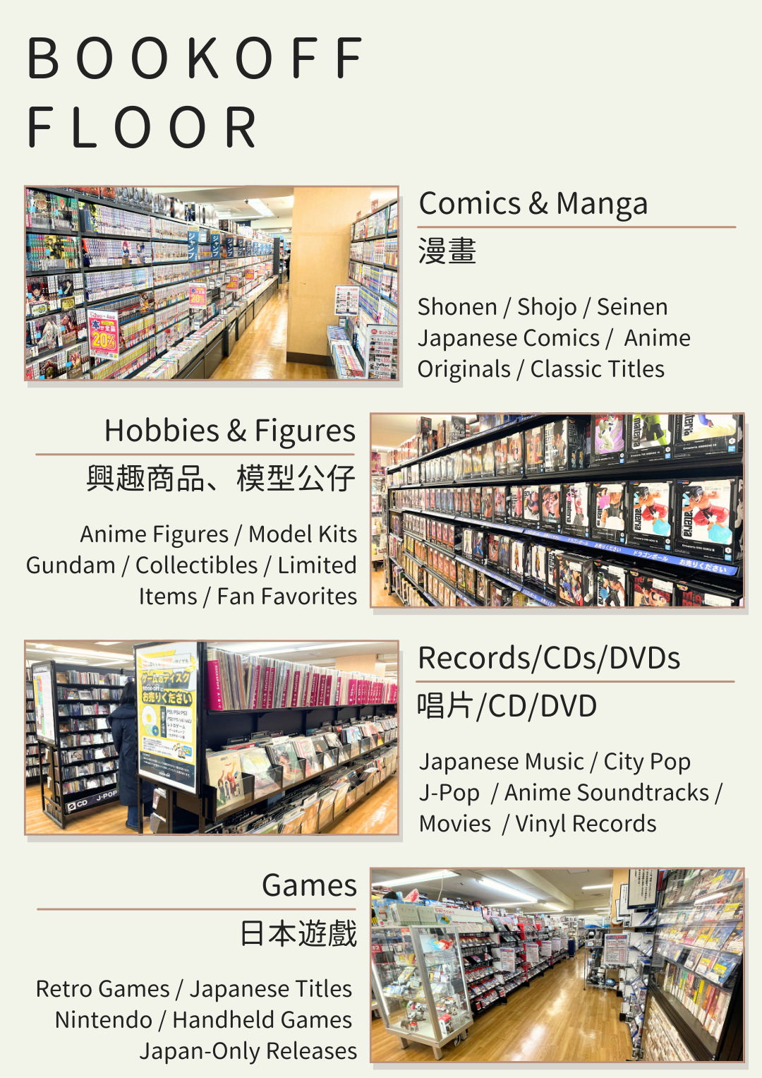 BOOKOFF floor with comics manga English books CDs and hobby figures GAMEs