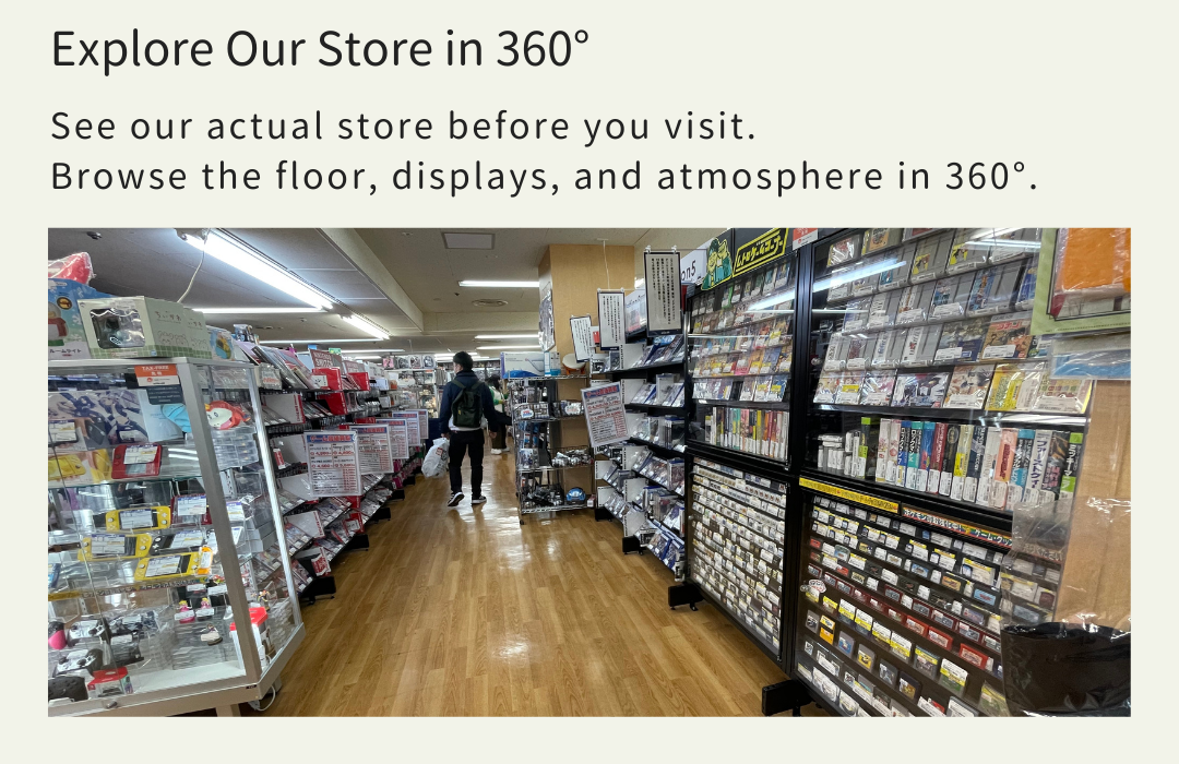 360-degree view of a Japanese second-hand store interior with anime goods, games, and collectibles near Sannomiya Station