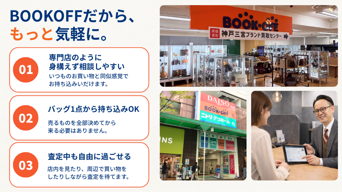 BOOKOFF三宮センター街店の店内とブランドバッグ査定の様子